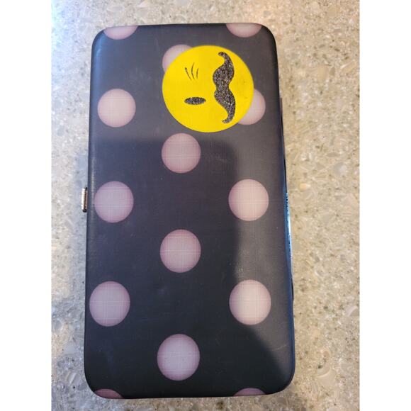 Women's Polka Dot Padded Wallet Black and Purple Smiley Face 4 x 7 - Picture 1 of 10